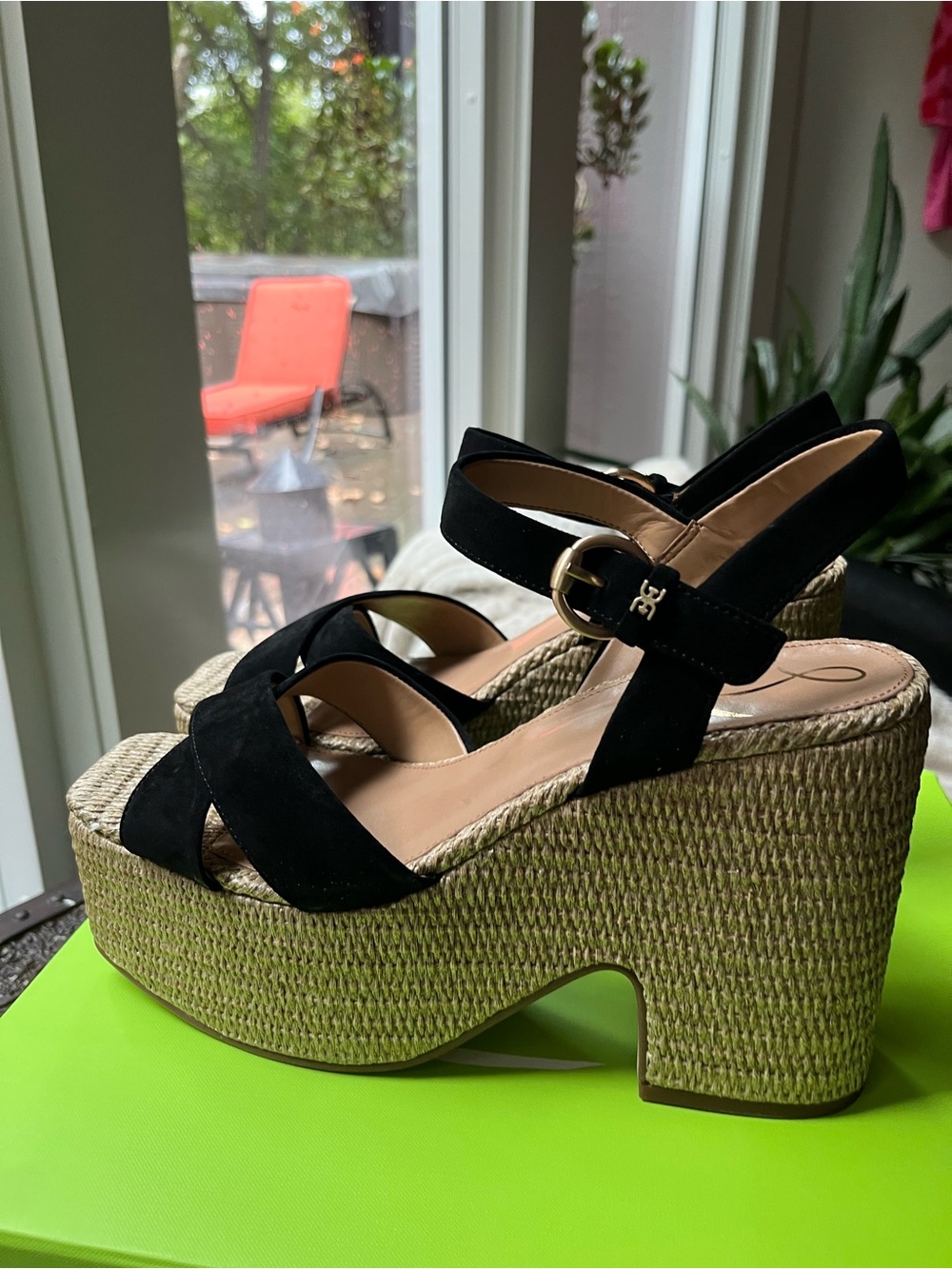 SAM EDELMAN TRIANNA PLATFORM WEDGE SANDALS BLACK SUEDE 10.5